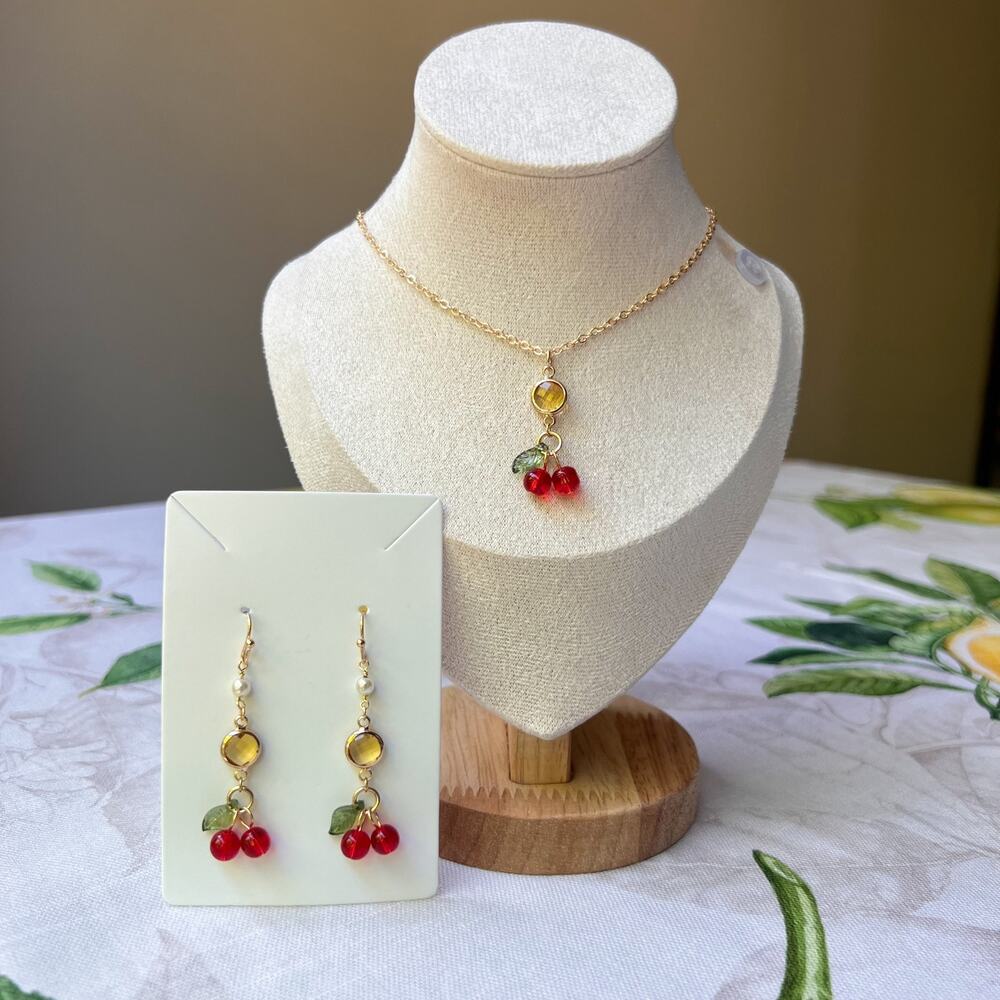 Sunshine Cherry Jewelry Set, Pearl Citrine Crystal Charm, Cottagecore Dainty Fun